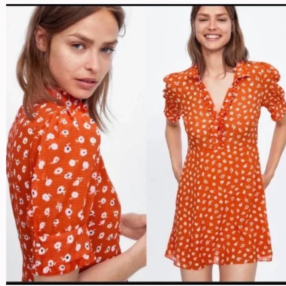 004 Zara Orange Size Medium Printed Knee Length Short Sleeve Dress